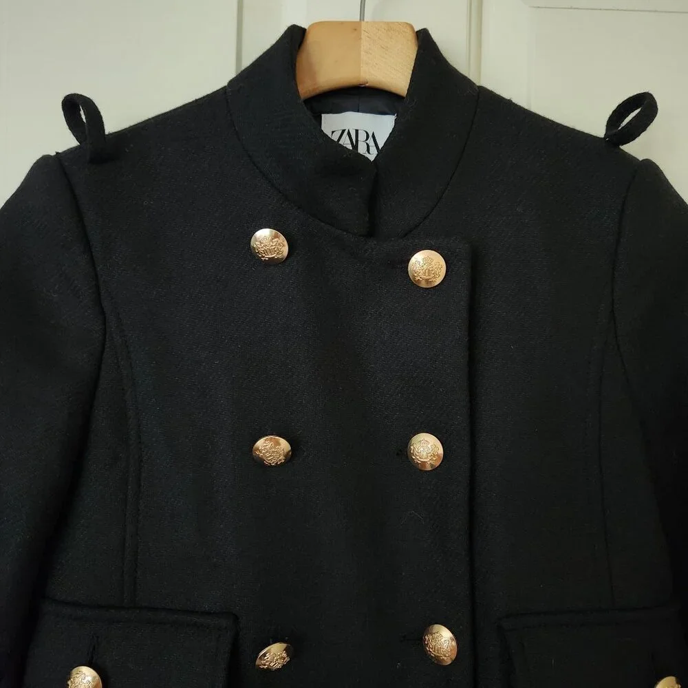 Zara Black Wool Military Jacket Gold Buttons Fall Winter Old Money Glam Preppy - Picture 3 of 13